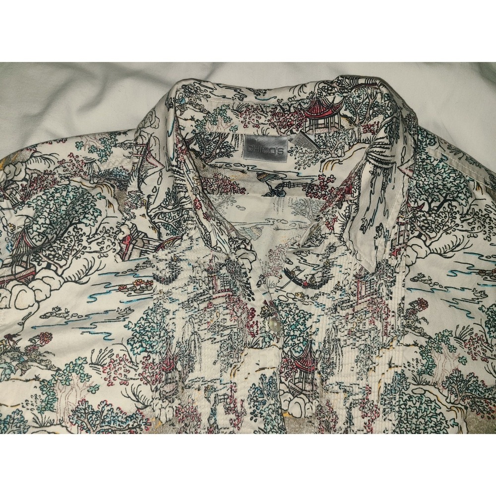 Chico's Asian Landscape Print Button Up Shirt Women Size M Long Sleeve Collared - Picture 5 of 13